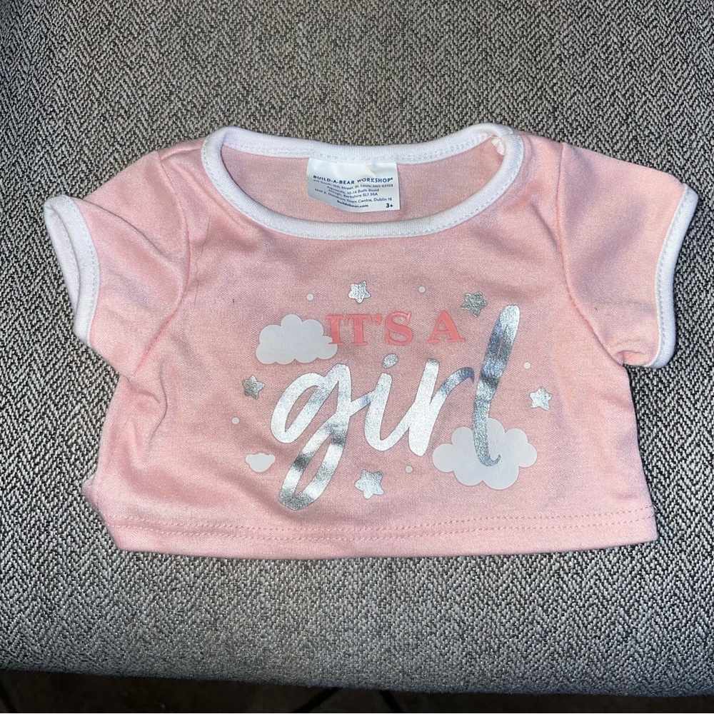 Build a Bear It's A Girl Pink Silver White Cloud Shirt Top Baby Teddy Clothing